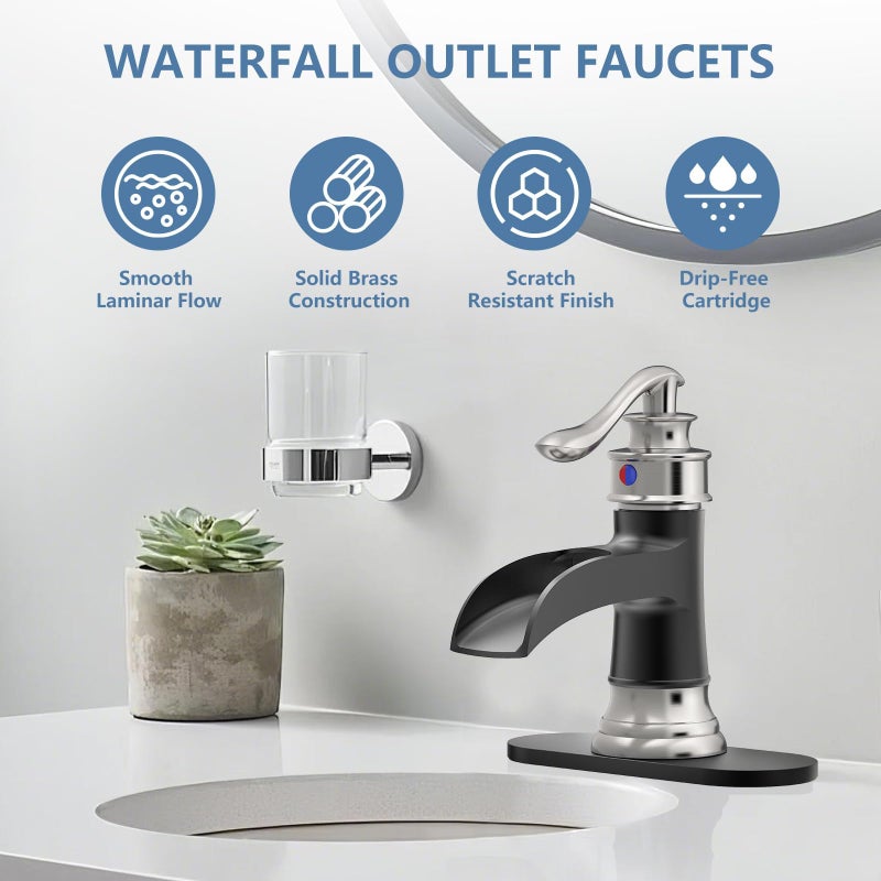 Homevacious Bathroom Sink Faucet Waterfall Single Handle Matte Black and Brushed Nickel Lavatory Vanity Basin Mixer Tap One Hole Lever Deck Mount Commercial Supply Line - Image 2